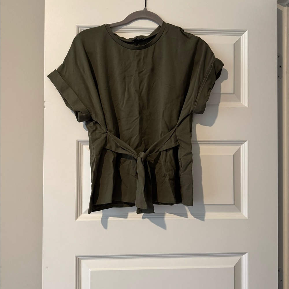 Express Dark Green Tie-Front Short Sleeve Top